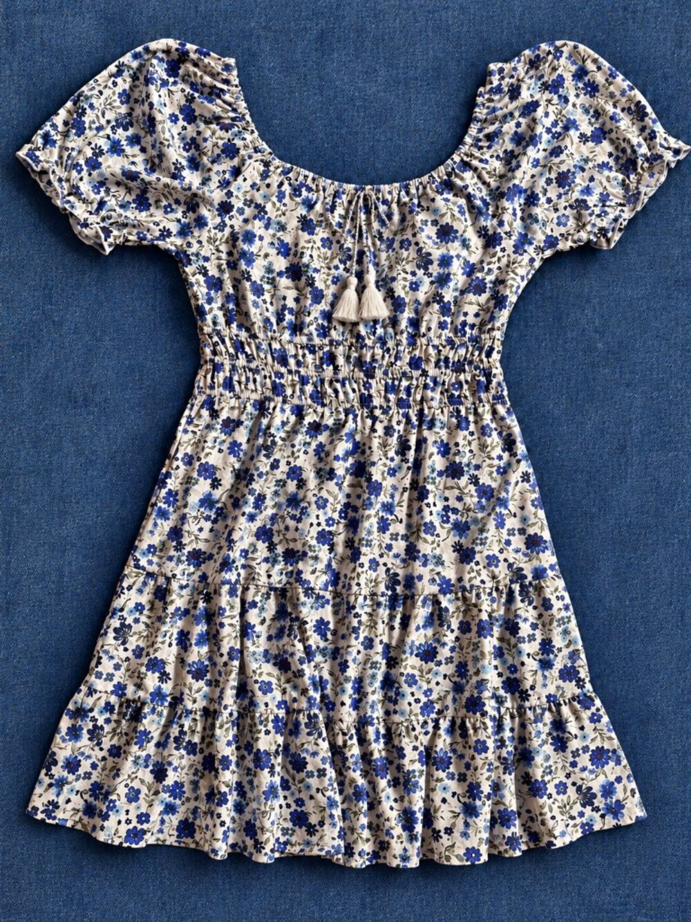 Blue & White Floral Tiered Mini Dress